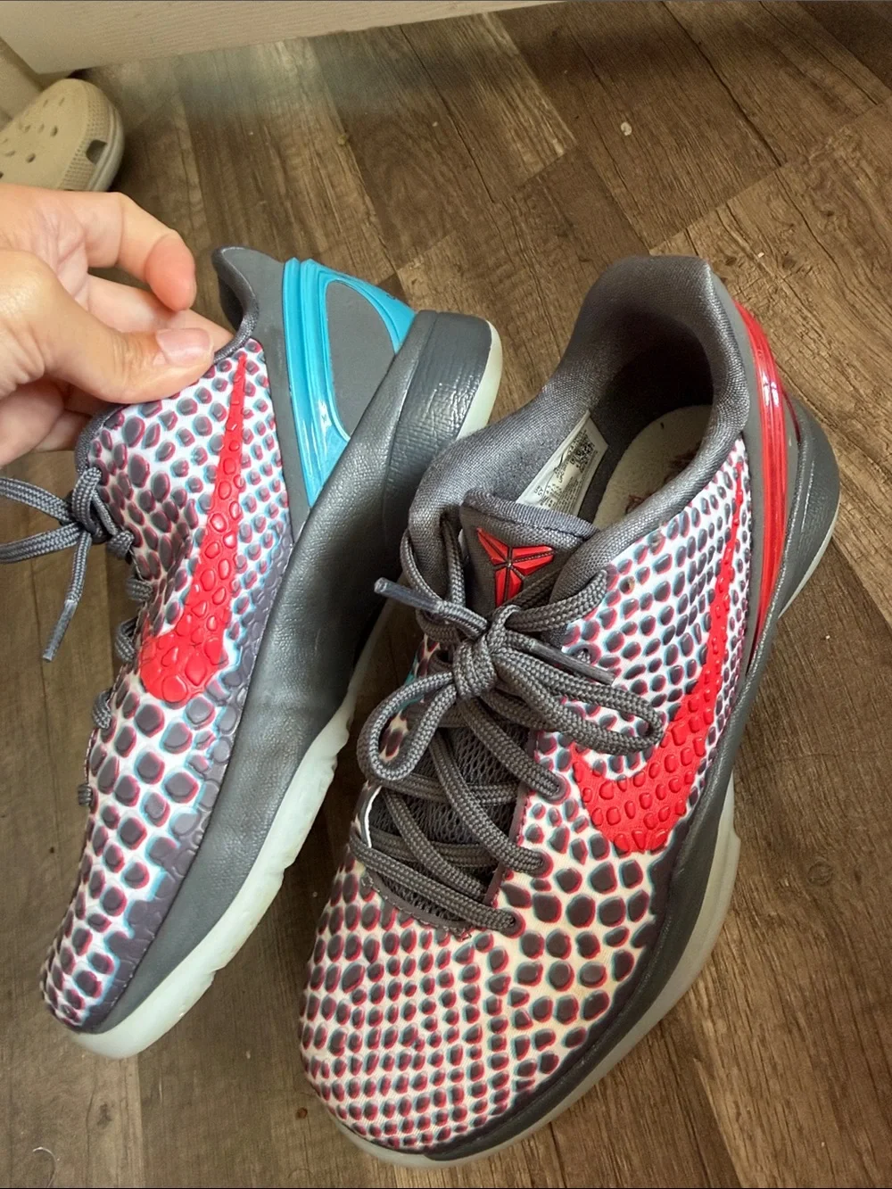 Kobe Bryant Basketball Shoes in Grey with Red & Teal Accents